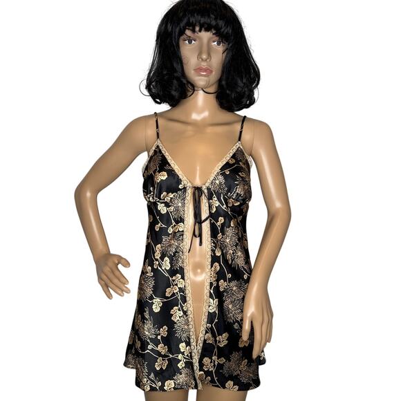 Victoria’s Secret Black Gold Floral Satin Open-Front lace trimTop Slip dress S - Picture 2 of 14
